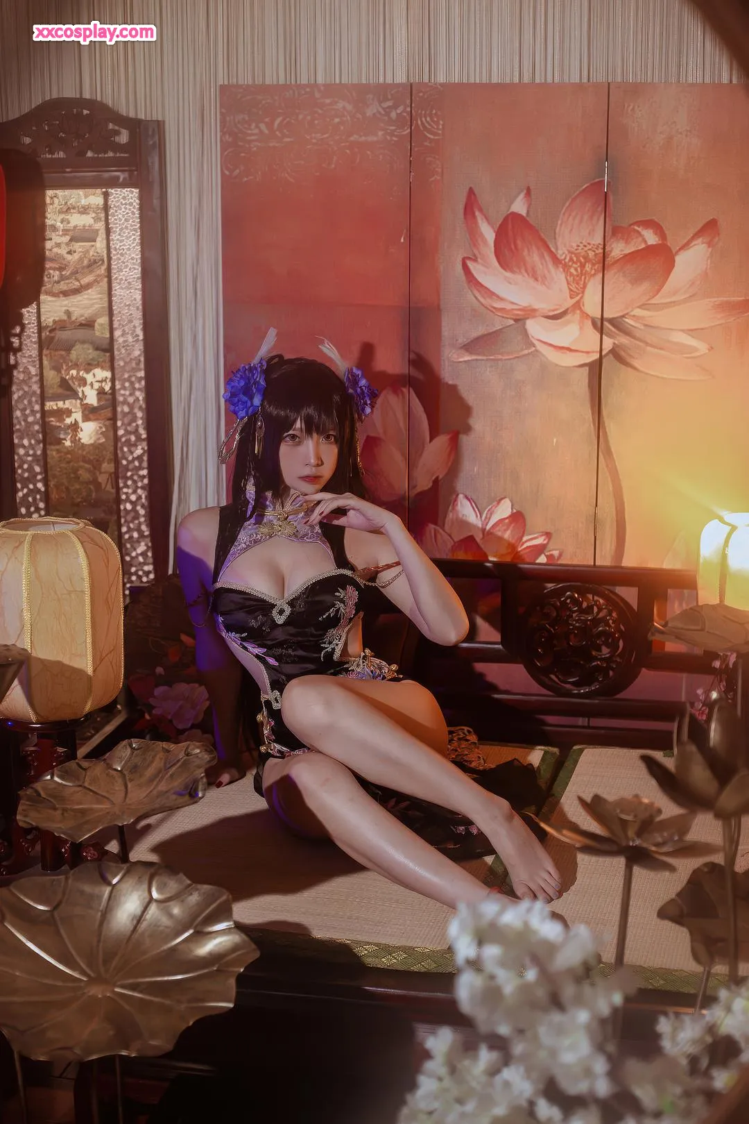 Nisa as Hiei in Elegant Black Qipao - Azur Lane Cosplay